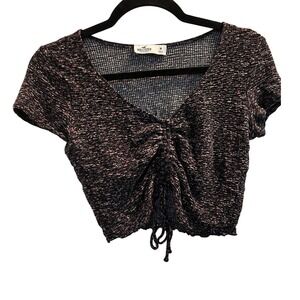 Hollister Ruched Front Crop Top Short‎ Sleeve Speckled Black Pink Pattern Sz M